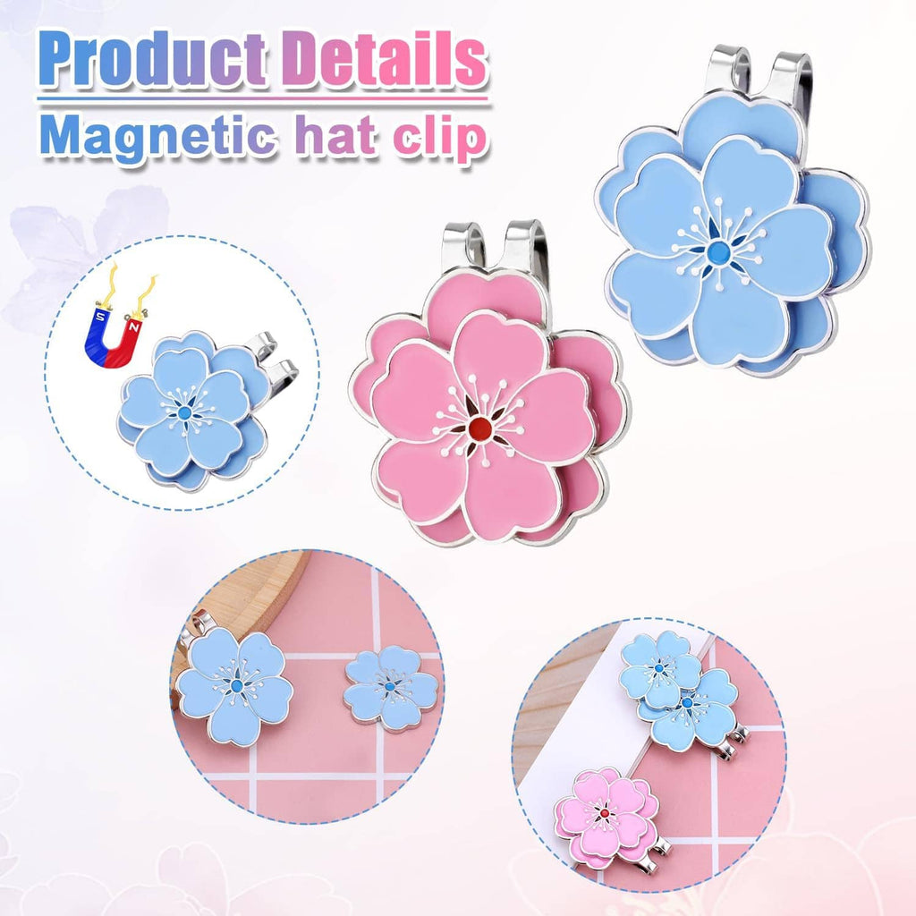 Blue and pink flower magnetic hat clip set with silver metal spring clips
