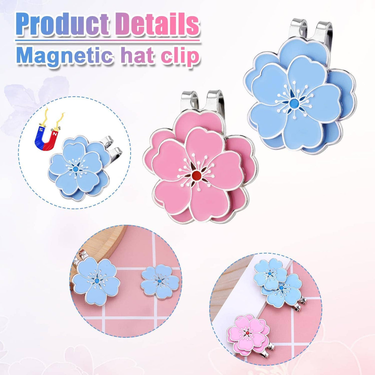 Blue and pink flower magnetic hat clip set with silver metal spring clips