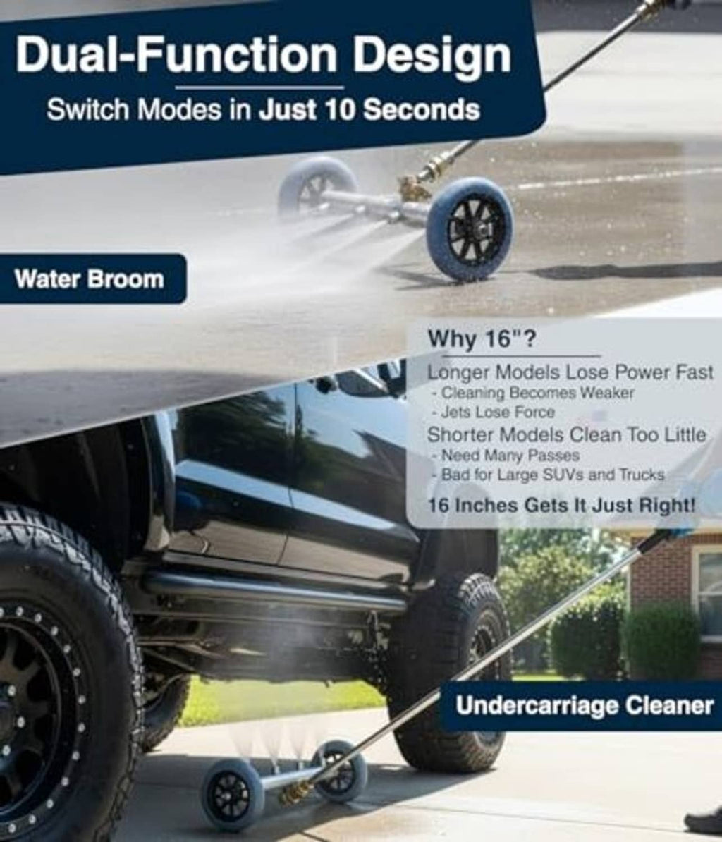Undercarriage cleaner attachment with water broom wand and blue wheel