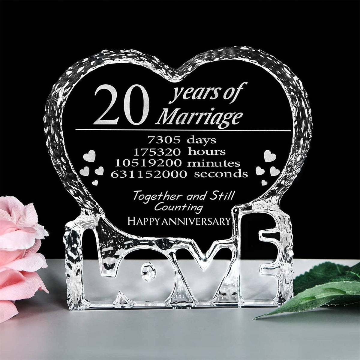 Engraved crystal heart keepsake with black panel reading 20 years of Marriage