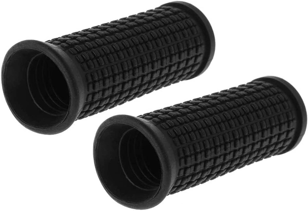 Pair of black bicycle handlebar grips with curved ends and textured non-slip rubber