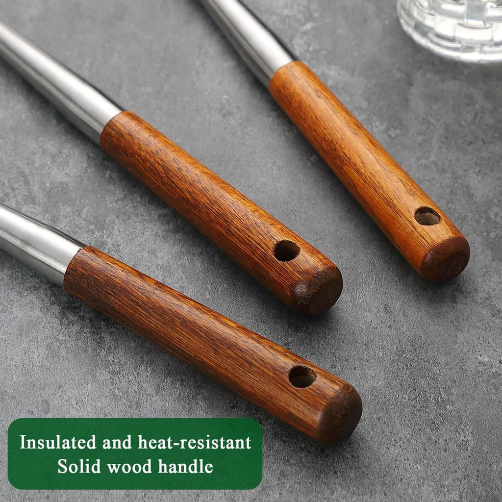 Set of stainless steel cooking spoons with solid dark wood handles and hanging holes