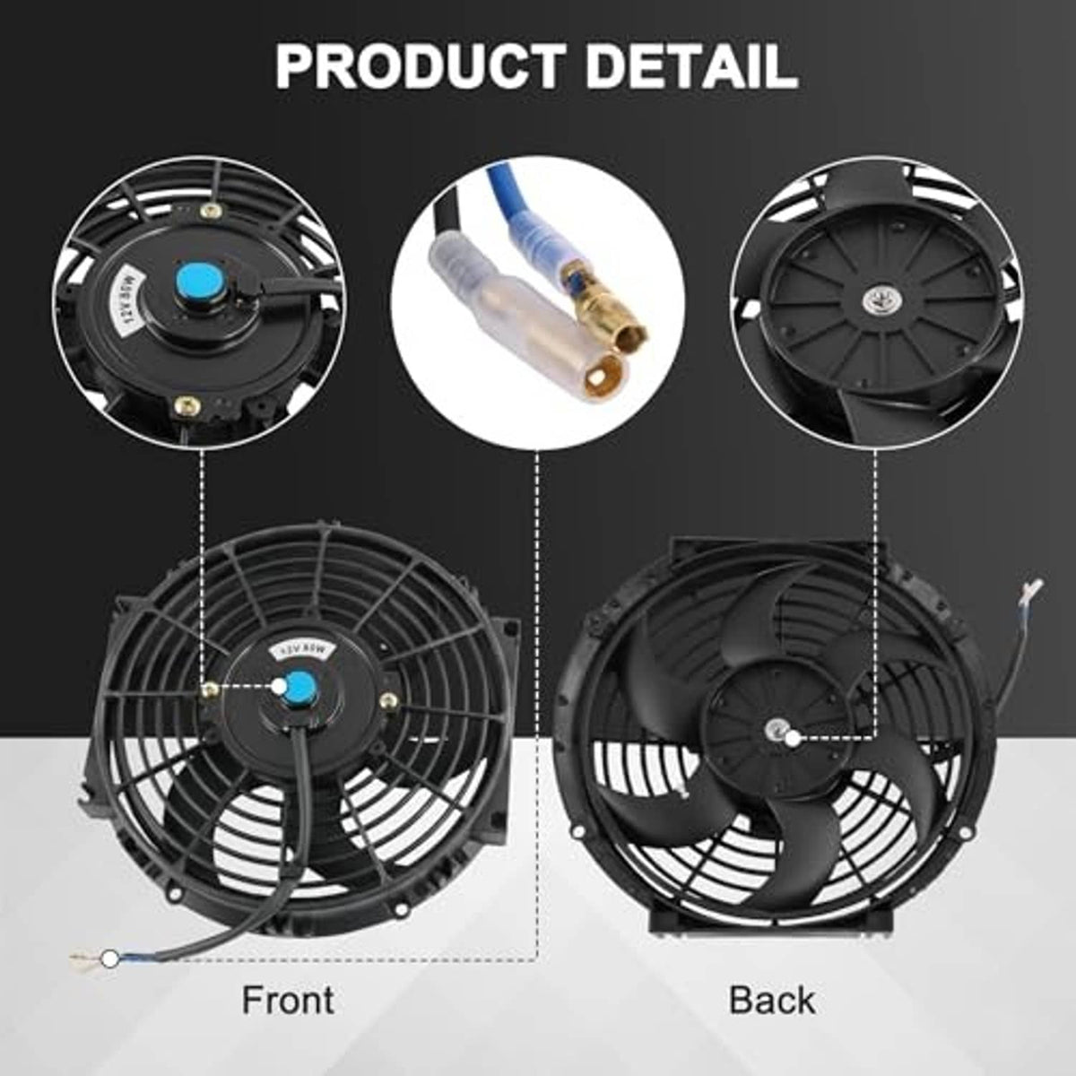 Black radiator cooling fan front and back views with wiring harness connector