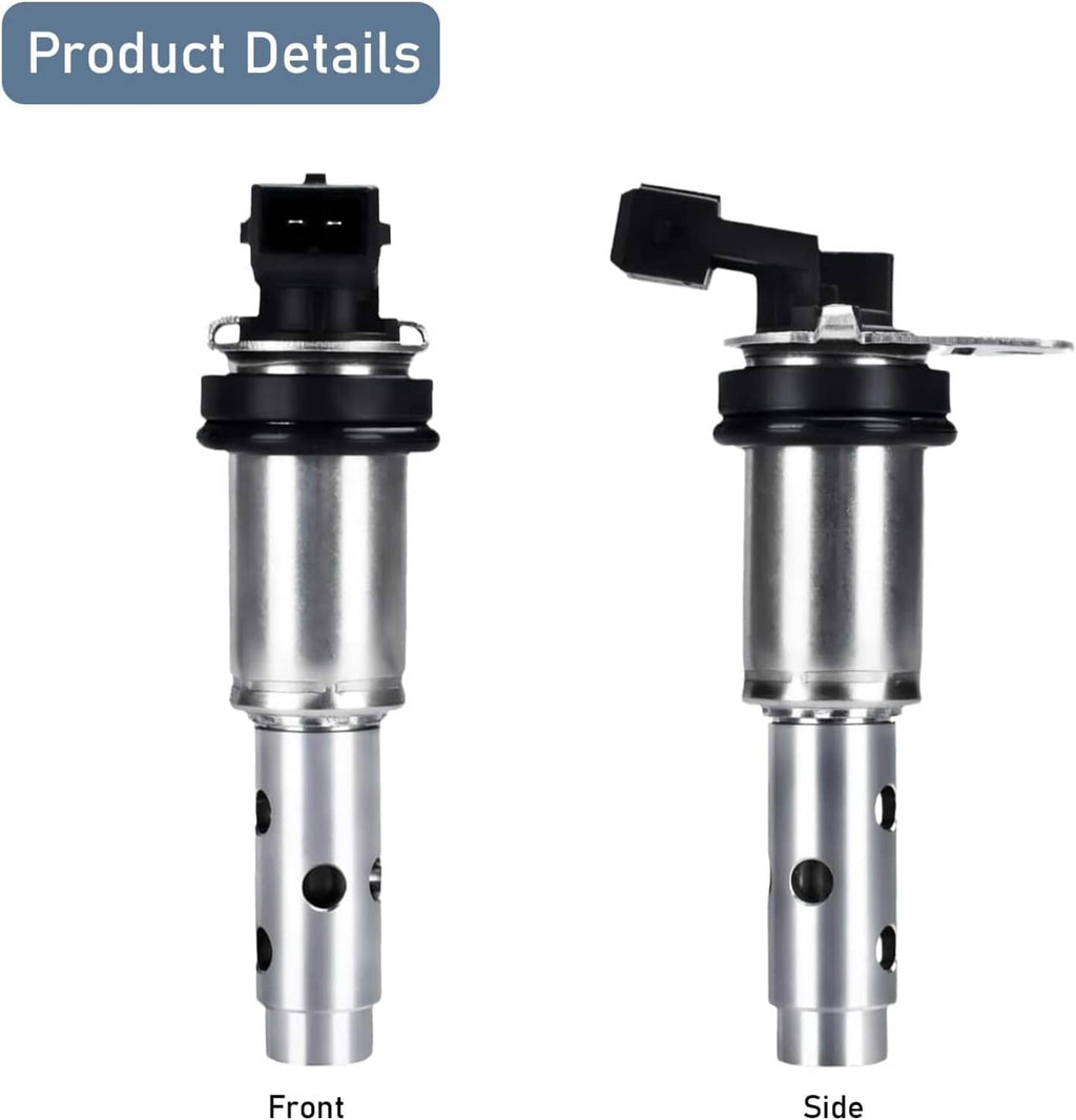Variable timing solenoid valve, front and side views, black top with silver body