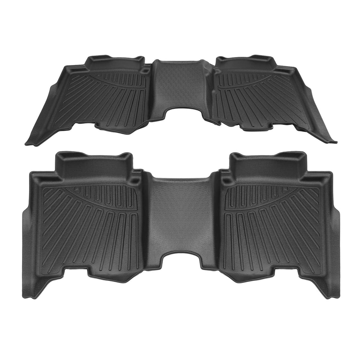 Pair of black all-weather front floor mats with textured tread pattern and center cutout.