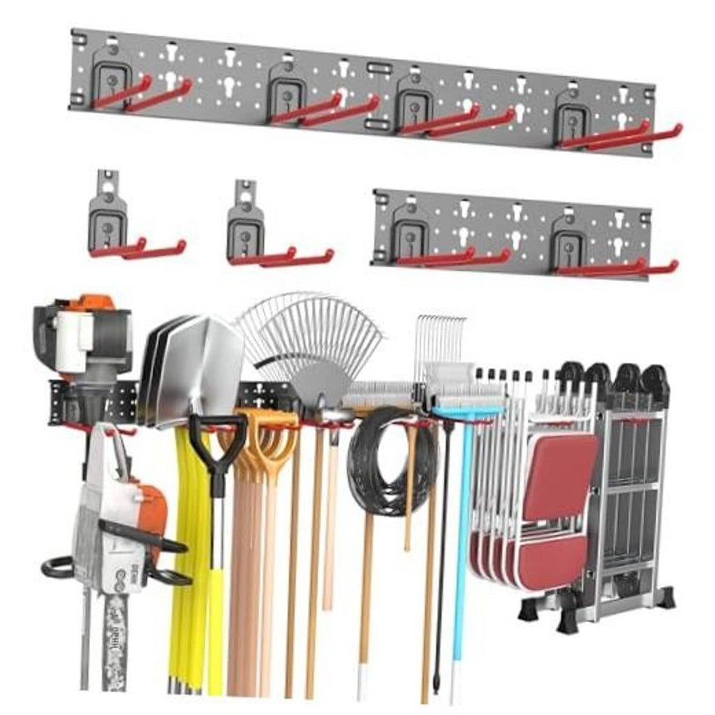 Wall-mounted tool organizer with three metal panels and red hook rails holding tools