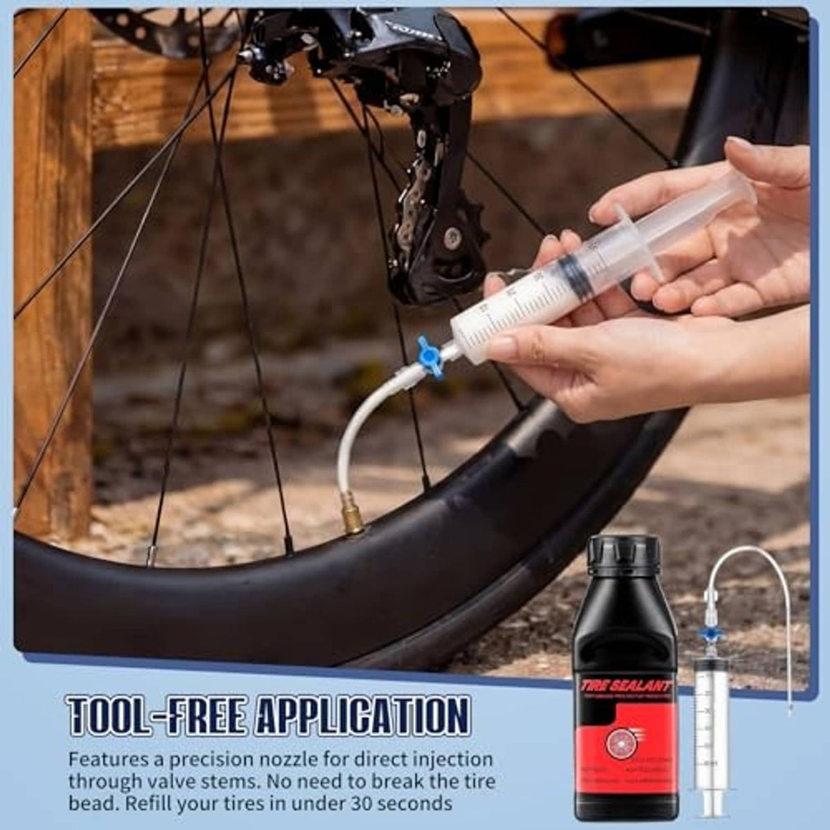 Tubeless tire sealant kit during use: sealant bottle and syringe with valve tool
