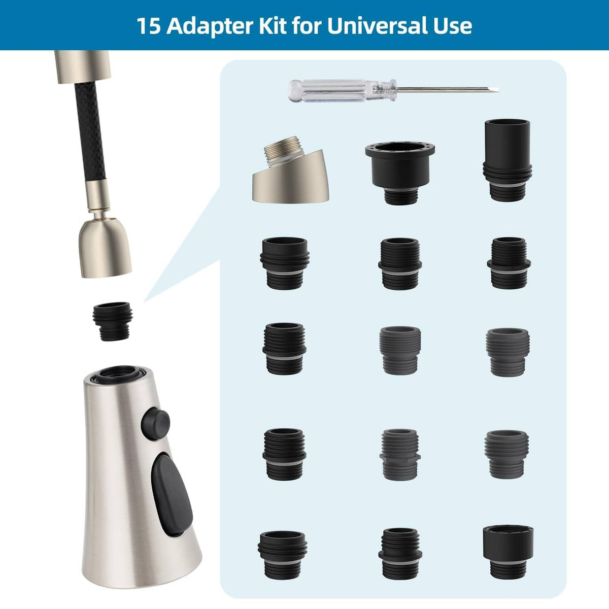 Universal faucet head with 15 adapter connectors in black and brushed nickel