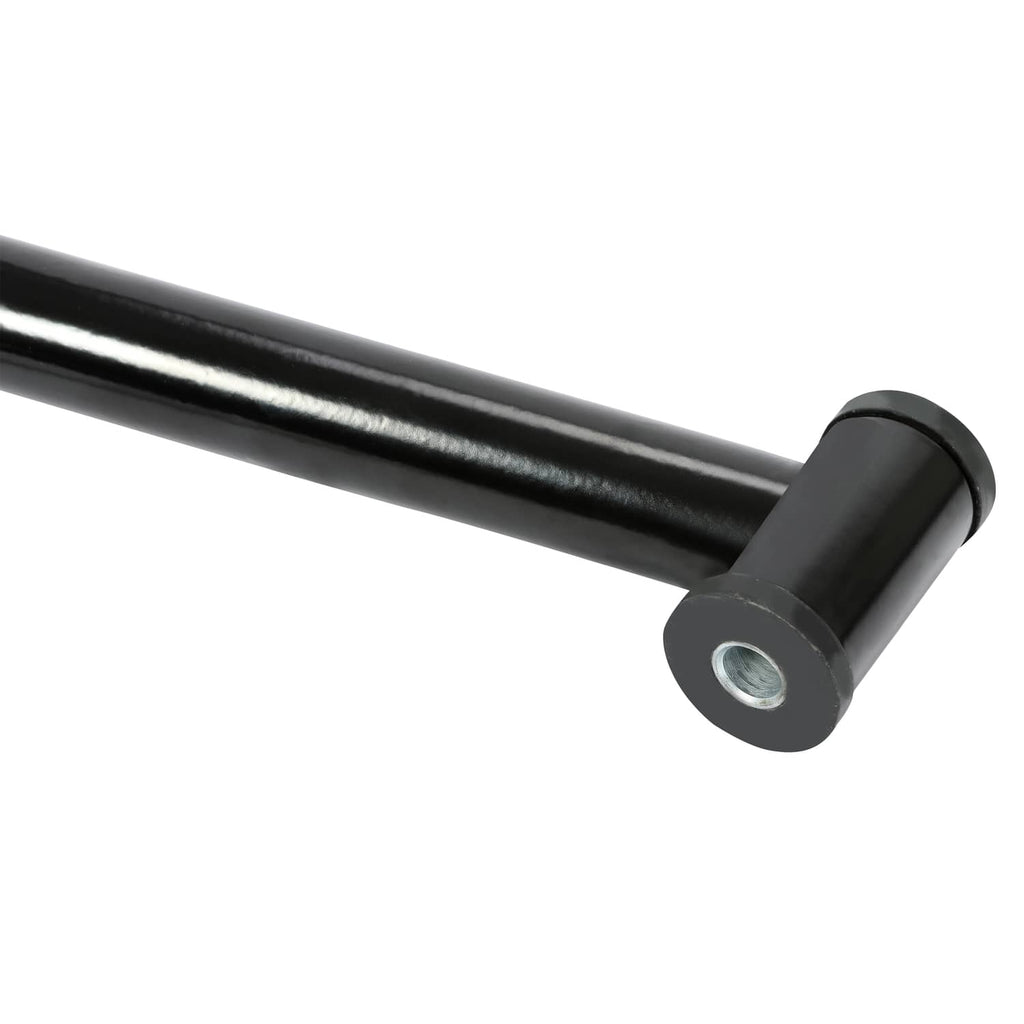 Black tubular control arm with circular bushing mount and metal pivot end