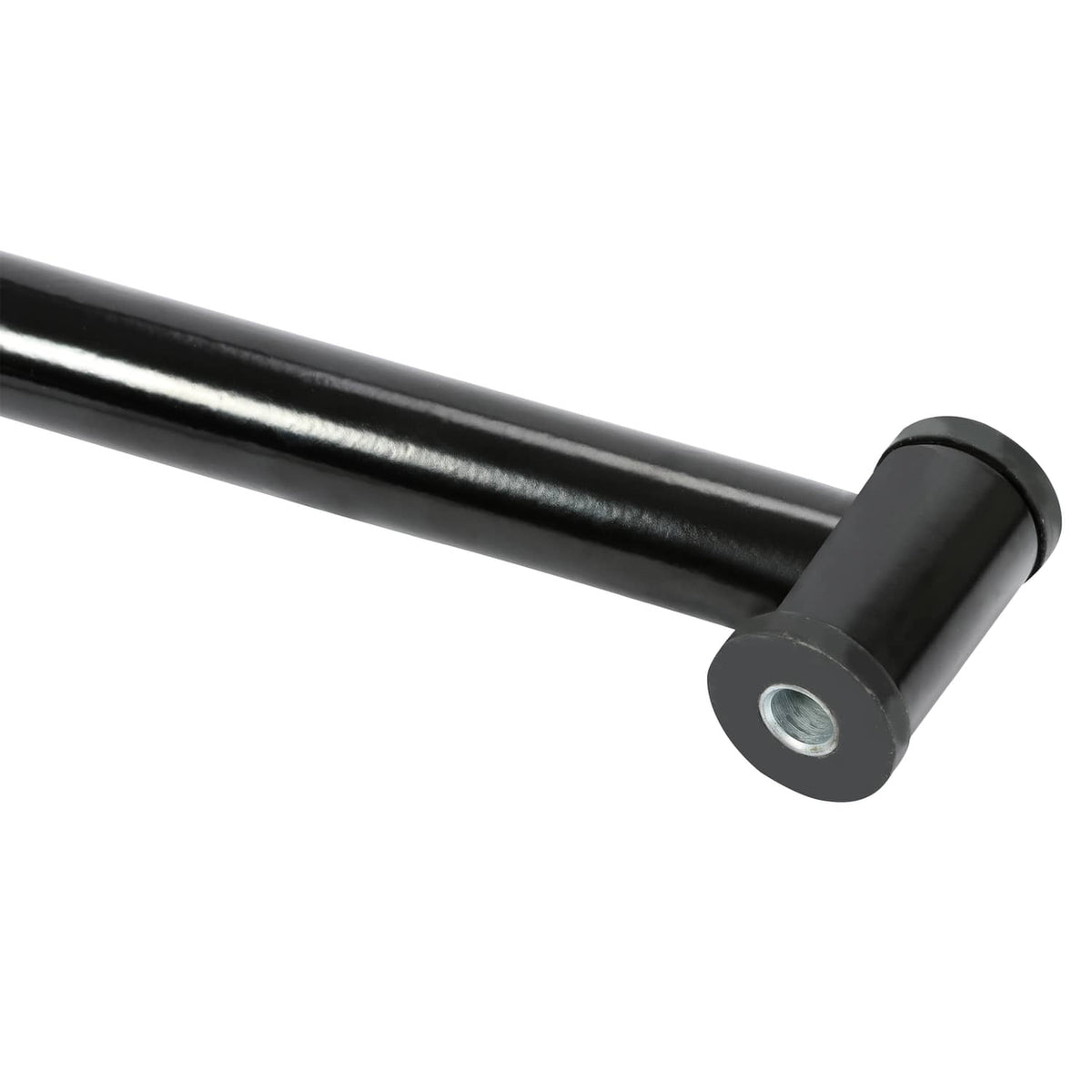 Black tubular control arm with circular bushing mount and metal pivot end