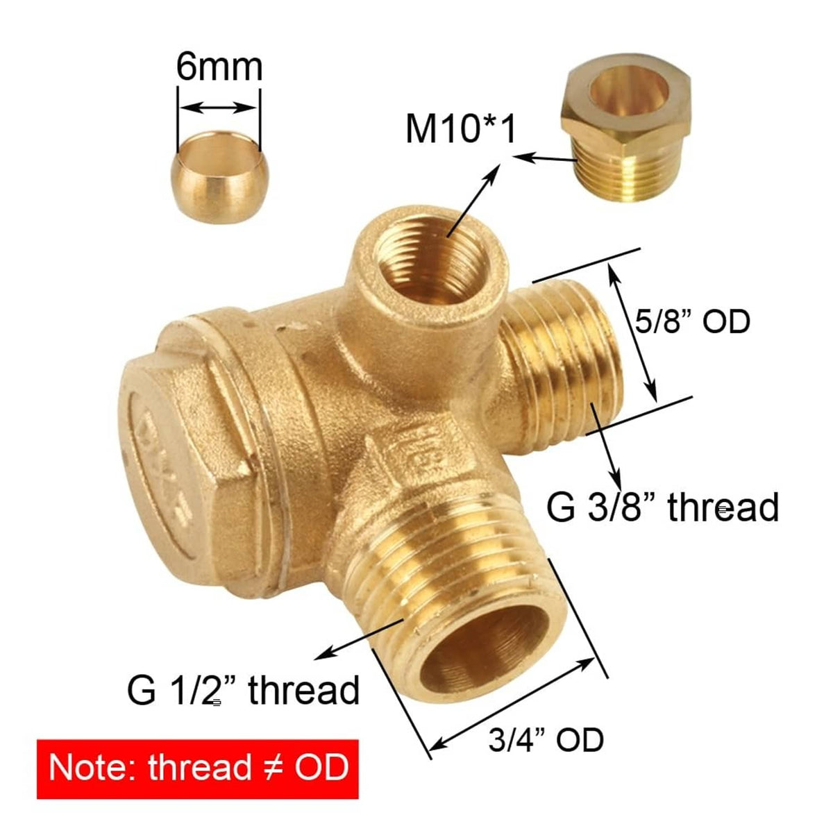 Brass air compressor check valve with external threads and marked port openings