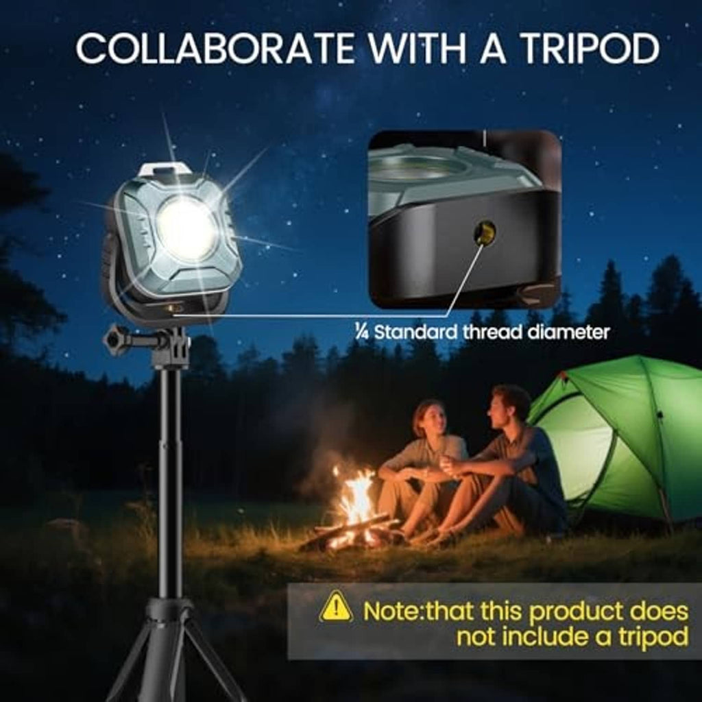 Magnetic work light mounted on a tripod stand with adjustable head angle