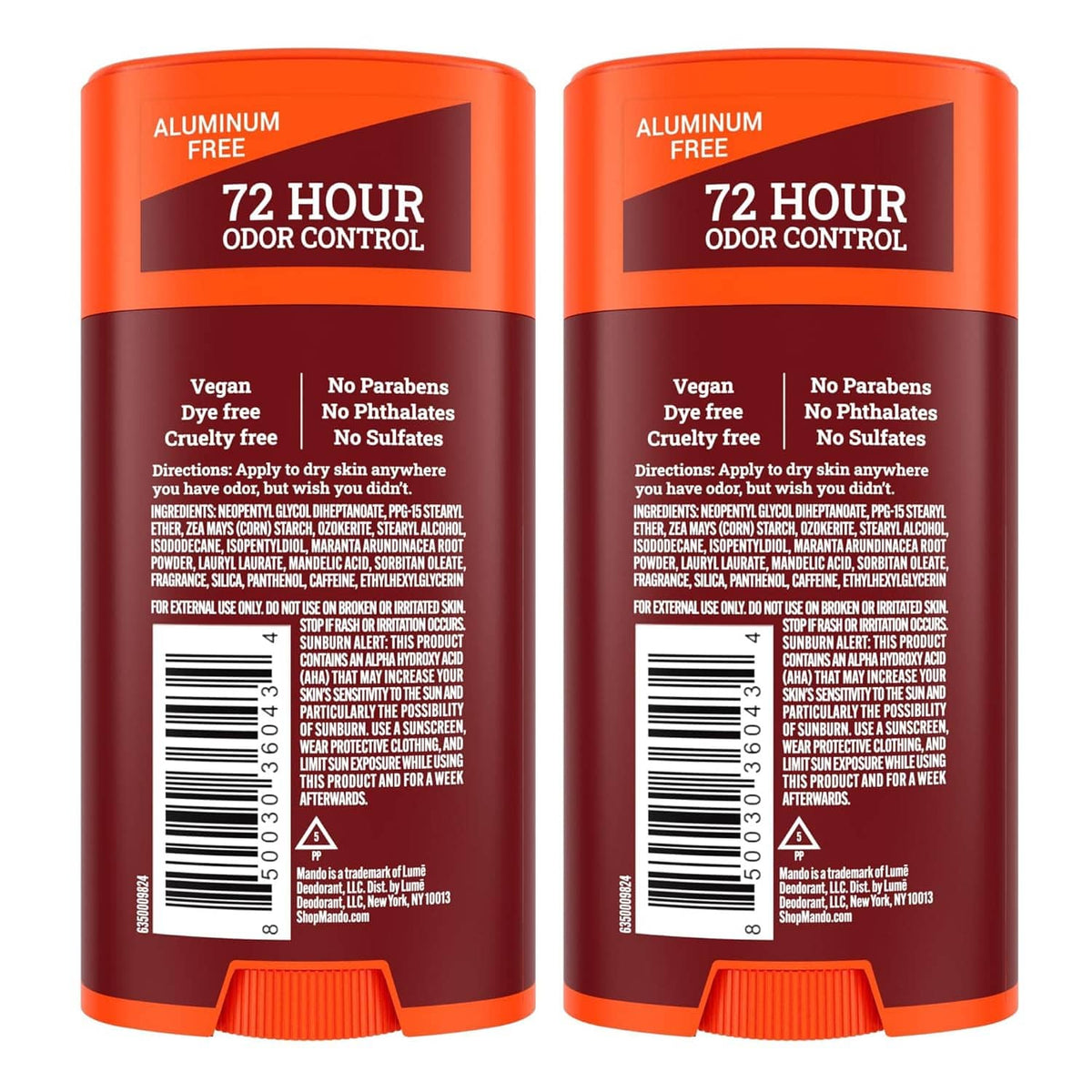 Mando whole body deodorant sticks back labels, aluminum-free, vegan, no parabens claims