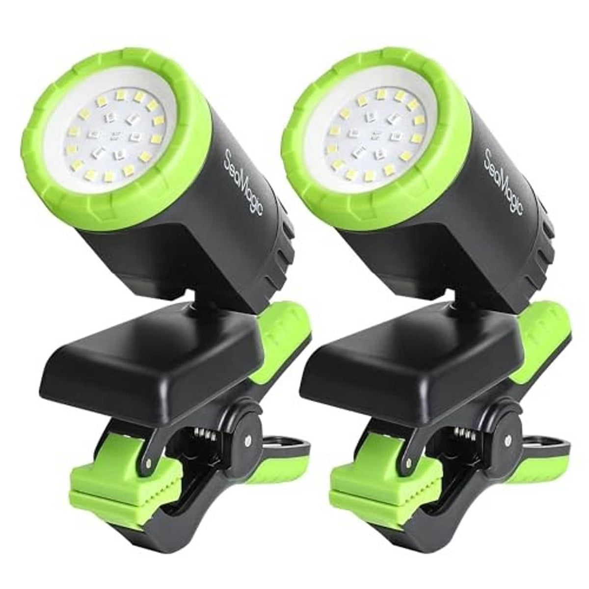 Rechargeable LED work light 2-pack, side-by-side green circular LED heads on black bases