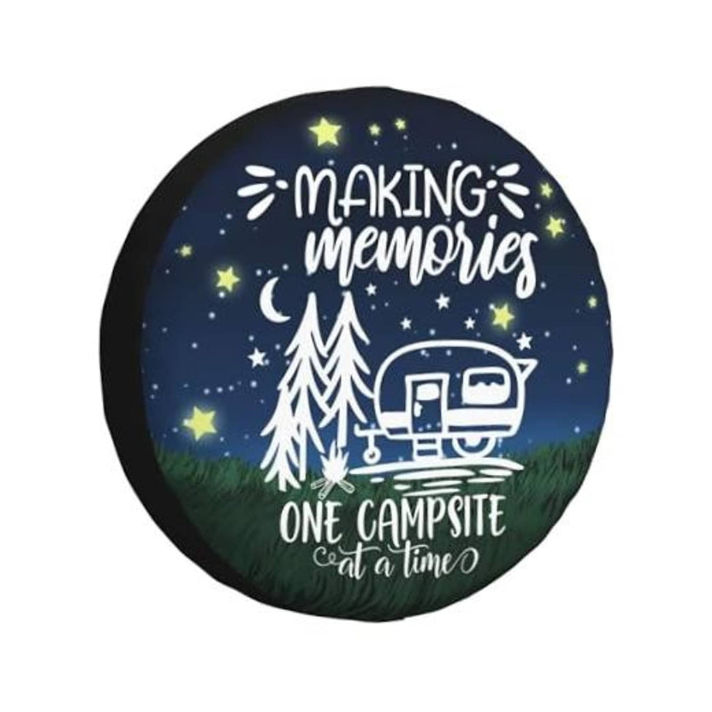 Round spare tire cover with dark blue starry campsite graphic and camper illustration