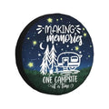 Round spare tire cover with dark blue starry campsite graphic and camper illustration