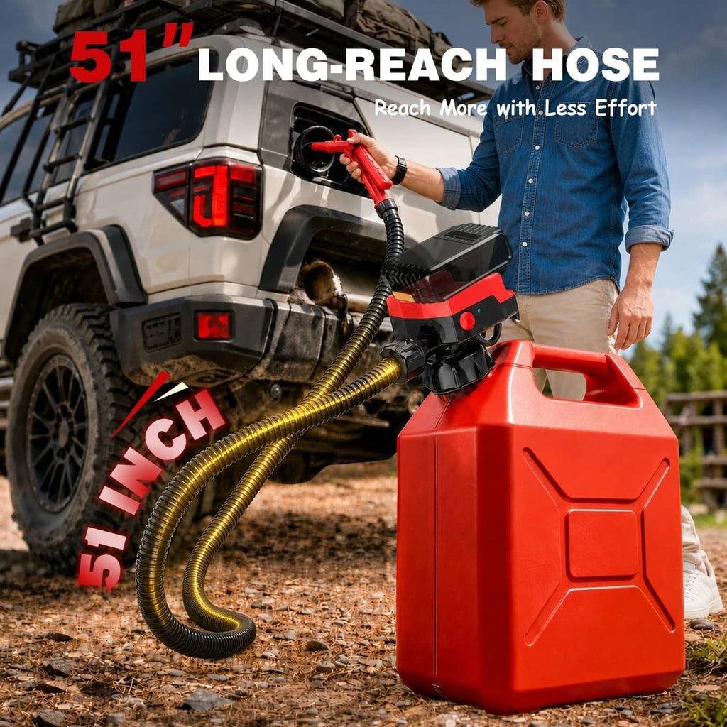 Red long-reach fuel transfer pump with extended hose and hand-trigger nozzle