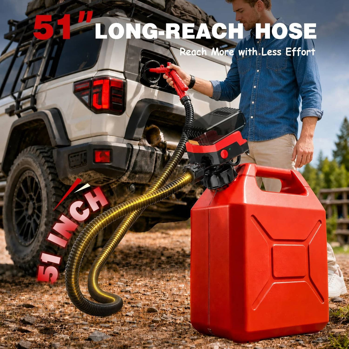 Red long-reach fuel transfer pump with extended hose and hand-trigger nozzle