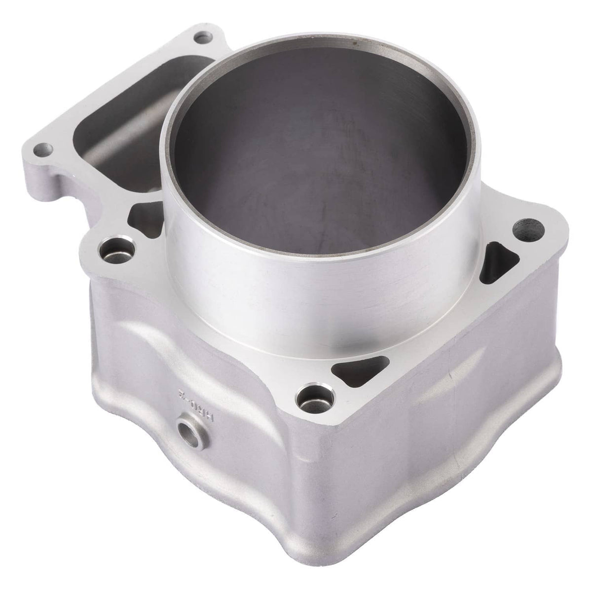 Silver cylinder block with large bore and mounting bolt holes for top end kit