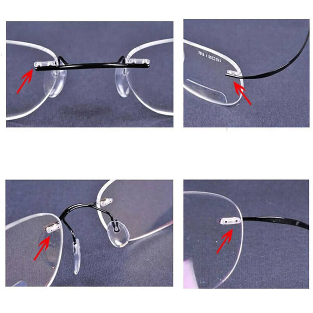 Rimless eyeglasses with clear double rubber plug at lens edge, indicated by arrows