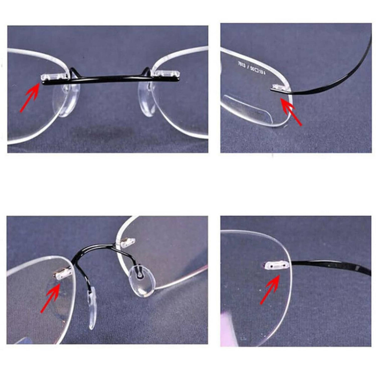 Rimless eyeglasses with clear double rubber plug at lens edge, indicated by arrows