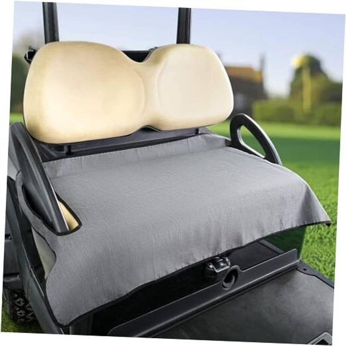 Gray golf cart seat cover blanket on front seat cushion, draped with non-slip backing