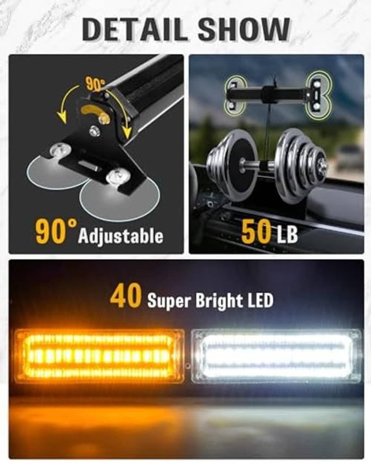 Adjustable 90-degree emergency strobe bar with 40 LED amber and white modules
