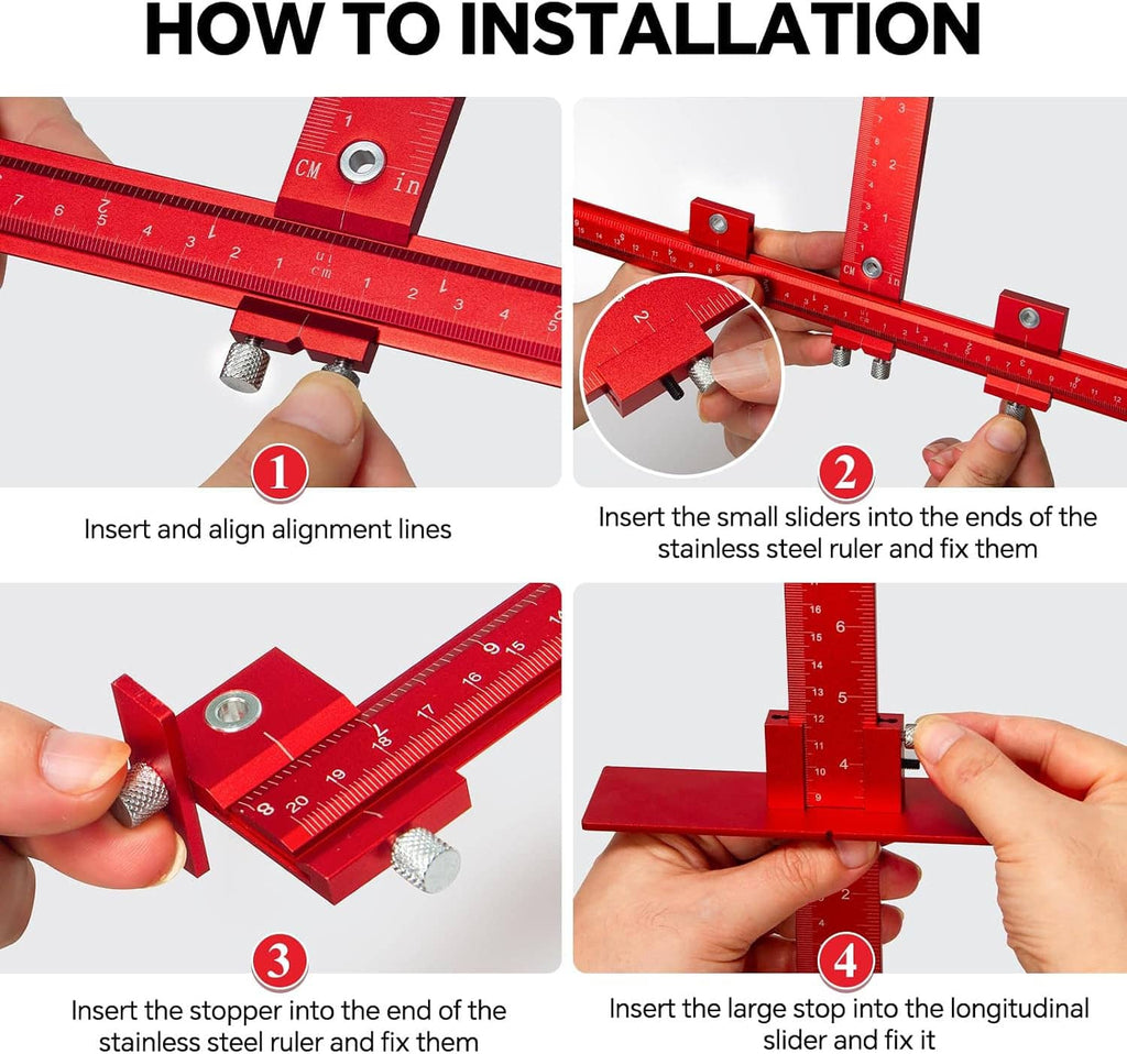 Cabinet handle jig installation steps with red ruler and adjustable guide pieces shown