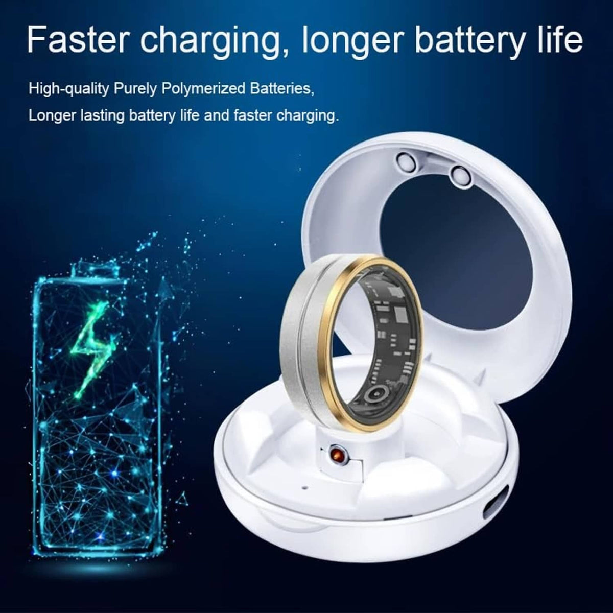 White smart ring charging case with ring placed on the charging dock
