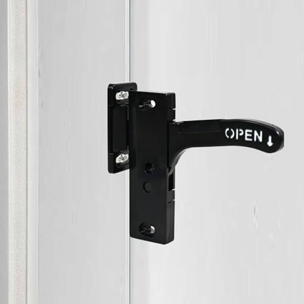 Black RV screen door lock right-hand handle mounted on door with side bracket