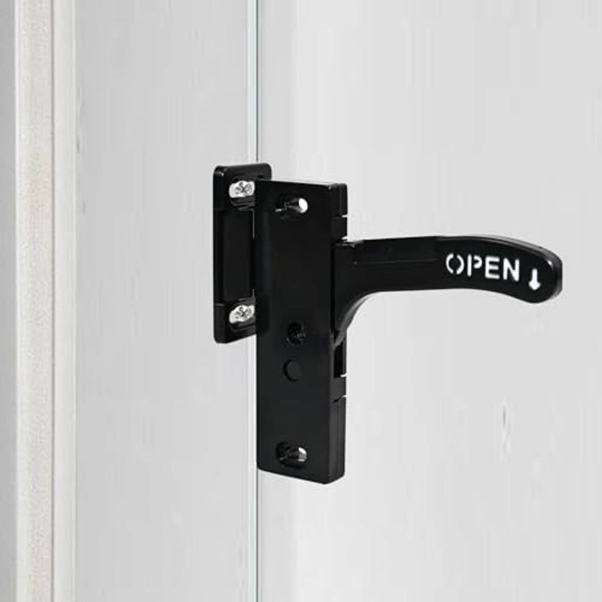 Black RV screen door lock right-hand handle mounted on door with side bracket