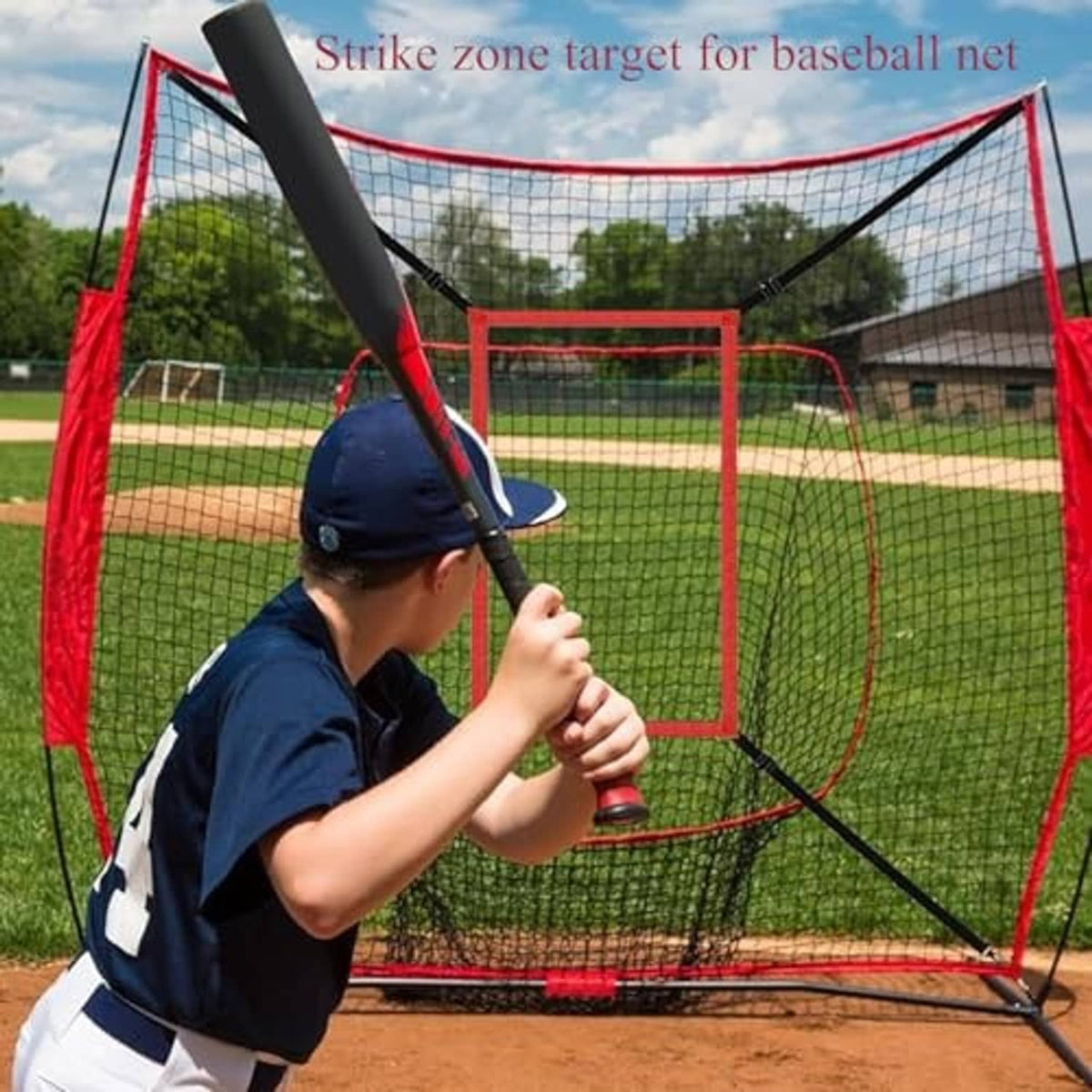Baseball net strike zone target with red frame and central square opening