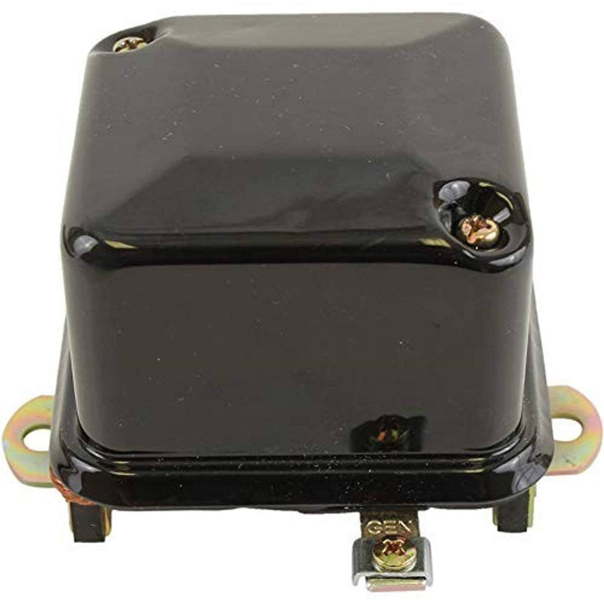 Voltage regulator with black housing, side mounting ear, and single top terminal