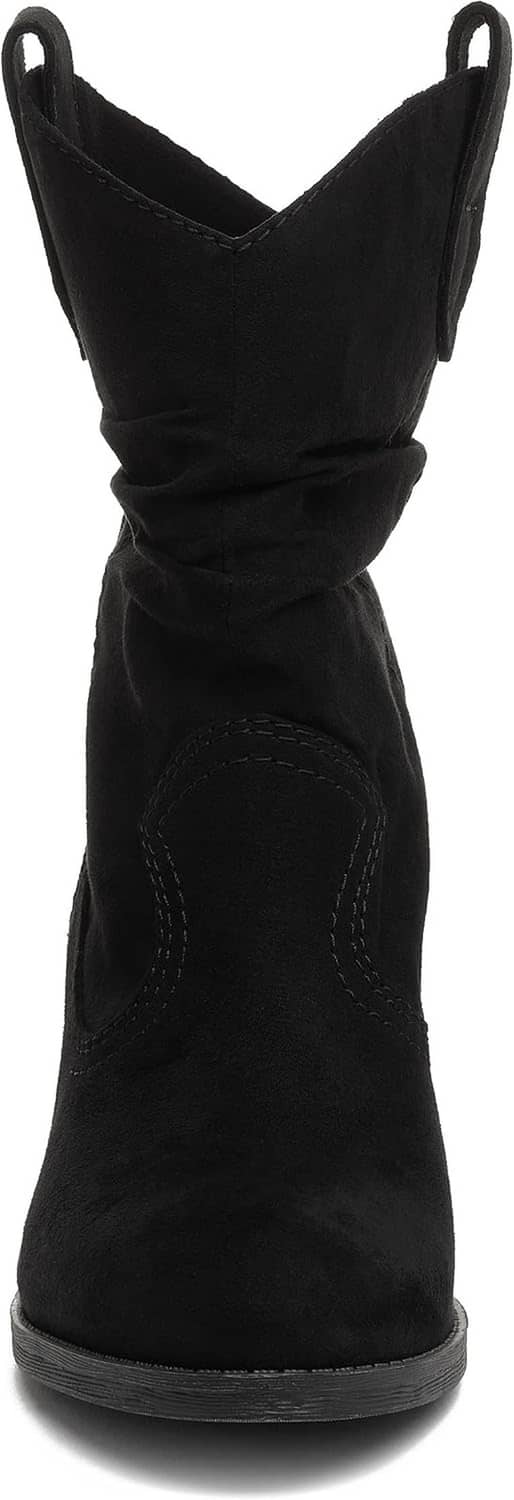 Black suede pull-on ankle boots with side V stitch and short block heel