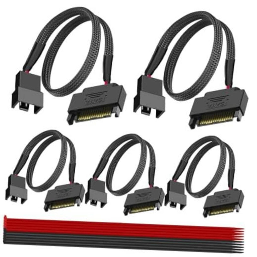 Set of multiple black 15-pin SATA to PC fan adapter cables with braided sleeves and plugs