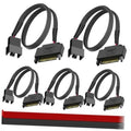 Set of multiple black 15-pin SATA to PC fan adapter cables with braided sleeves and plugs