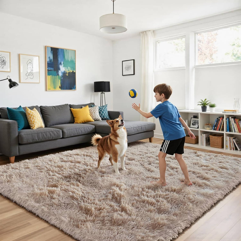 Beige fluffy shag rectangular area rug with dense textured fibers in a living room