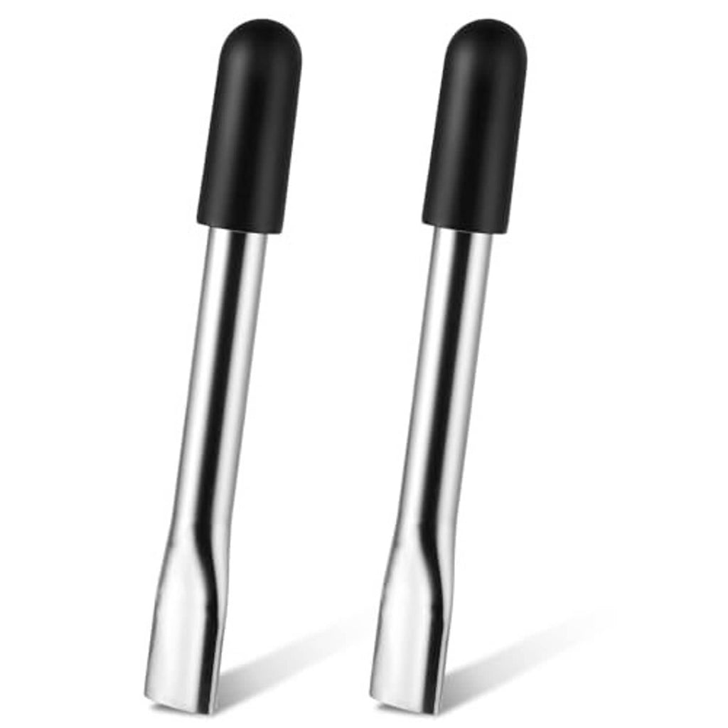 Pair of straight wheelchair brake extender handles in silver with black rubber tips