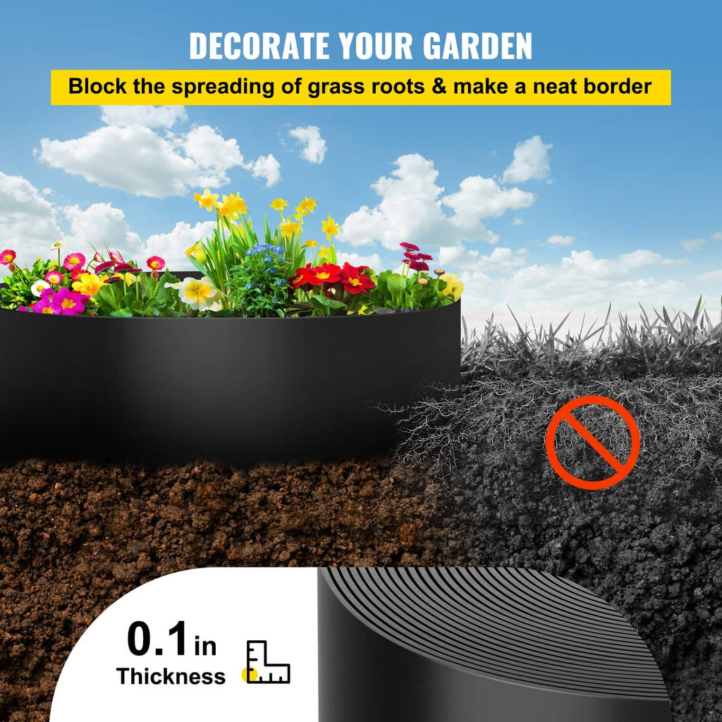 Black garden edging border with trench barrier concept for spreading root blocking
