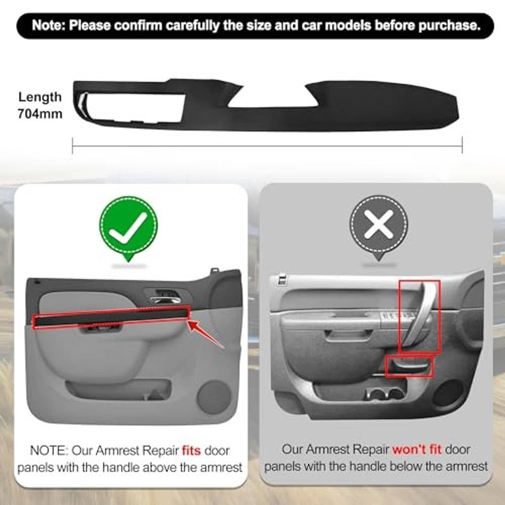 Armrest installation guide showing 704 mm length and door panel fitment notes