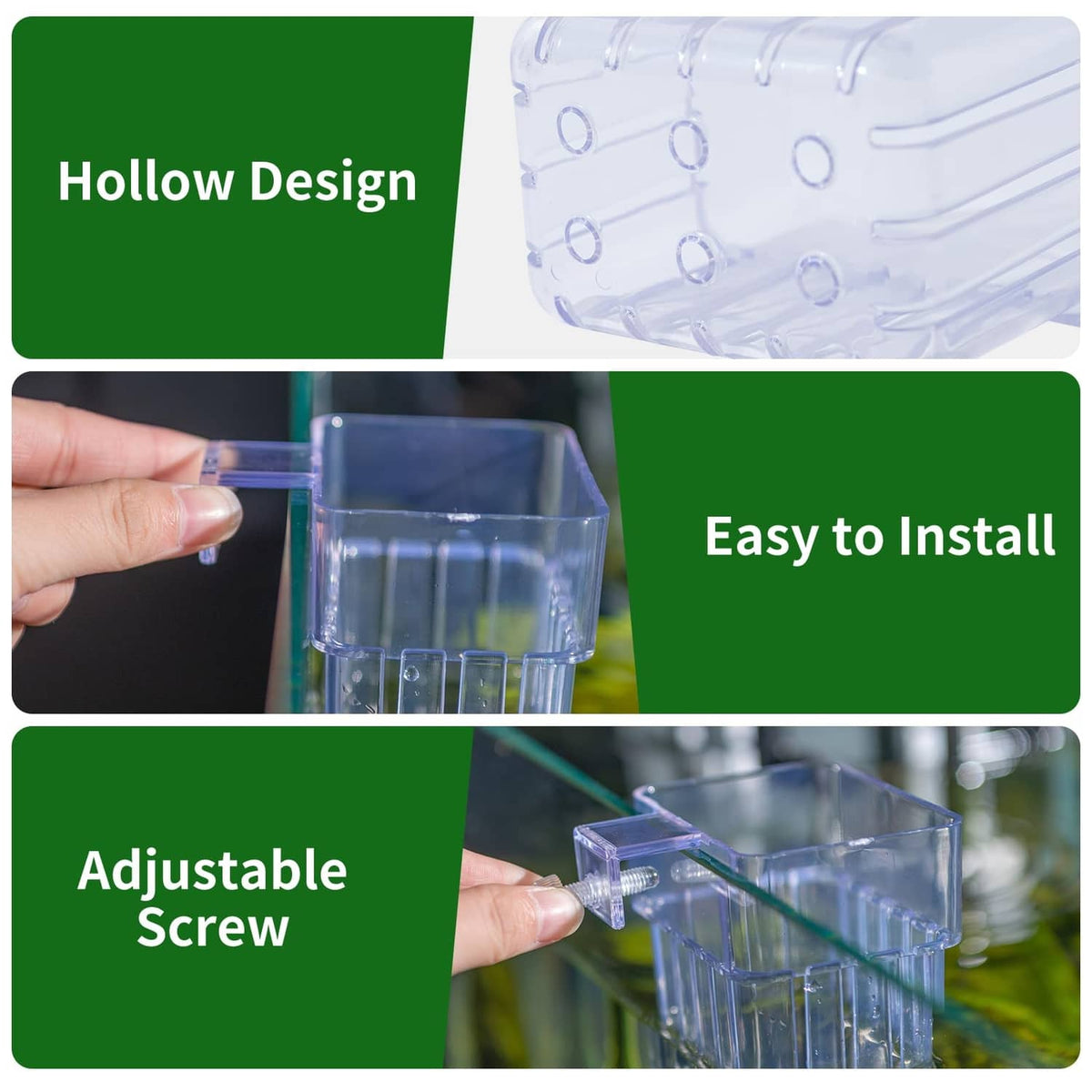 Clear aquarium plant holder pot with adjustable screw clamp and hollow ridged chamber