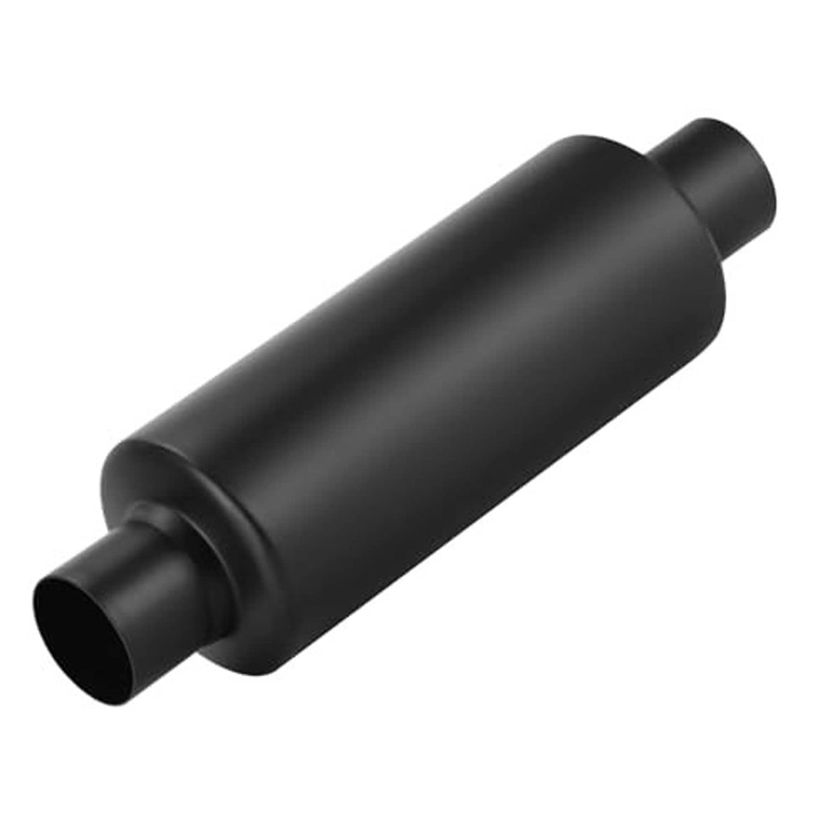 Black resonator muffler, cylindrical body with 2" end ports, angled view