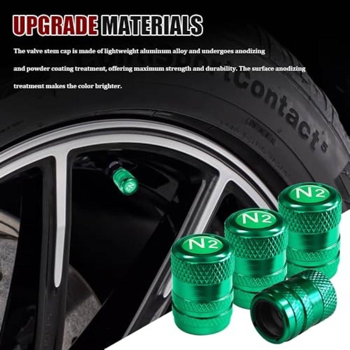 Green N2 tire valve stem caps on a car wheel and loose caps, aluminum with textured pattern.