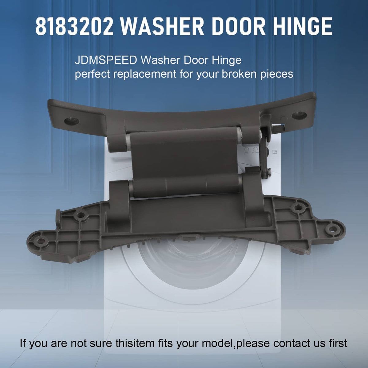 Washer door hinge assembly with dark plastic ends and central metal shaft