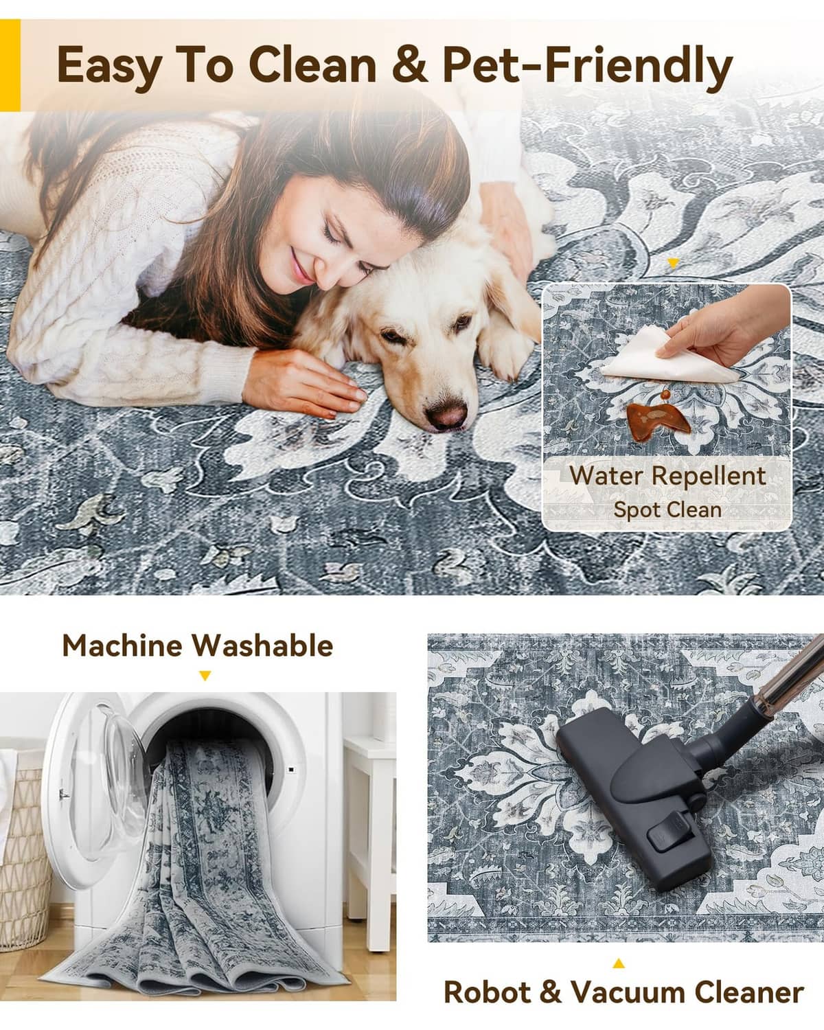Blue-gray ornate area rug with pet-friendly cleaning and water-spot-clean callouts