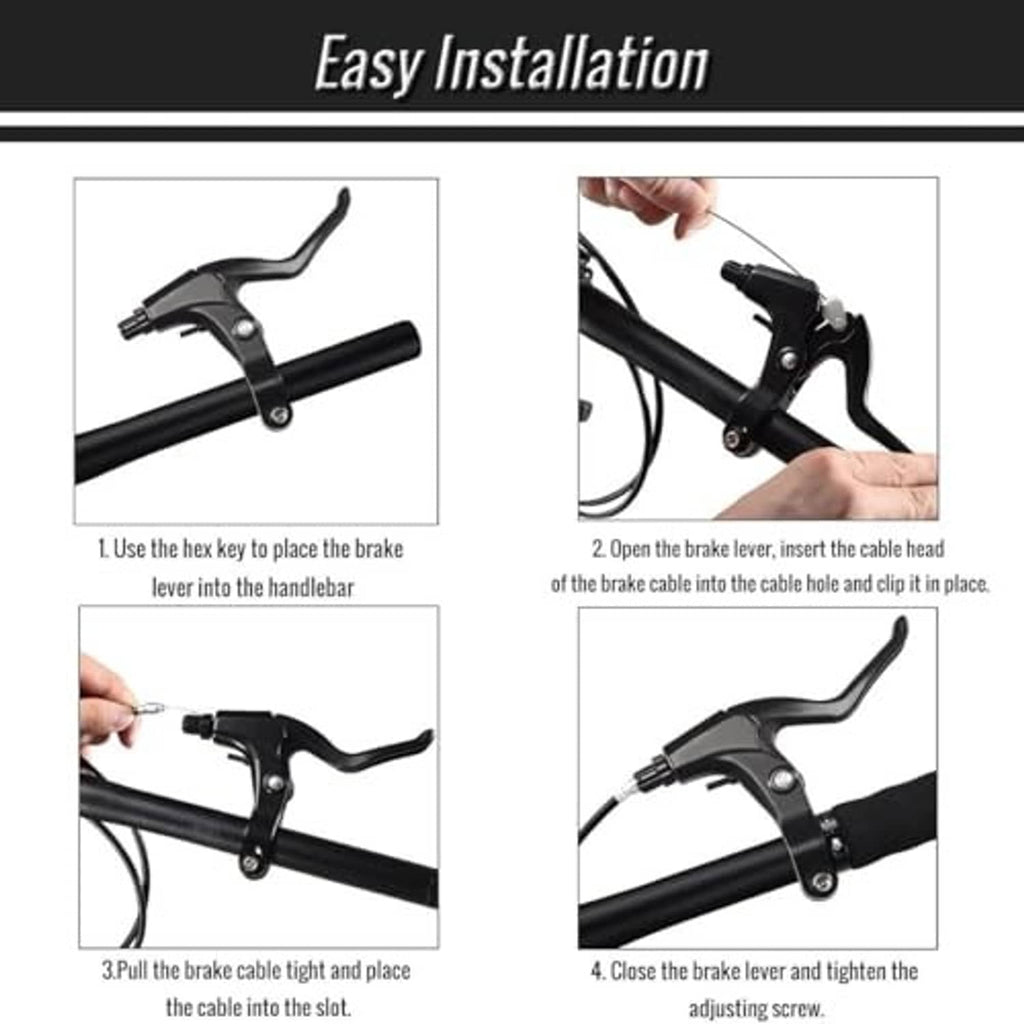 Black three-finger bike brake lever with shown installation steps and hex key tool.