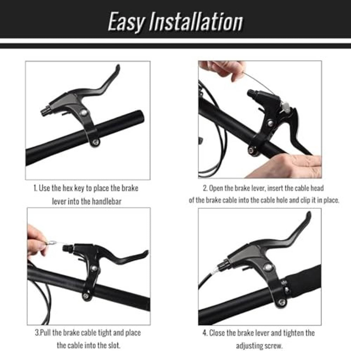 Black three-finger bike brake lever with shown installation steps and hex key tool.