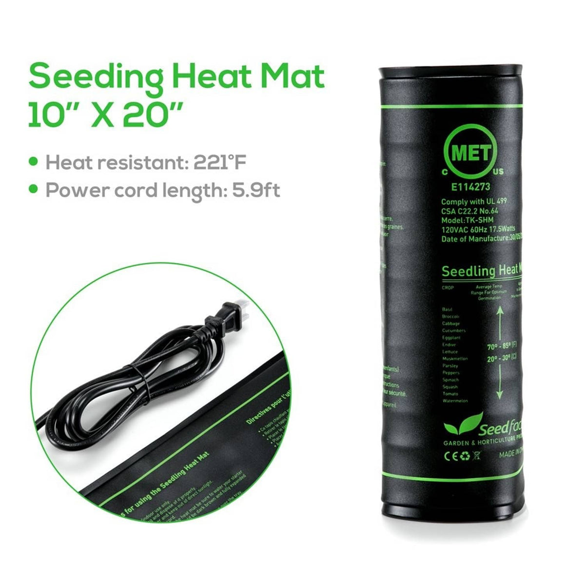 Seedling heat mat roll with power cord and spec information tube