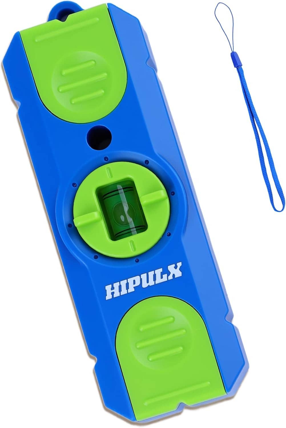 Blue and green stud finder with round level window, small LCD screen, and hanging lanyard