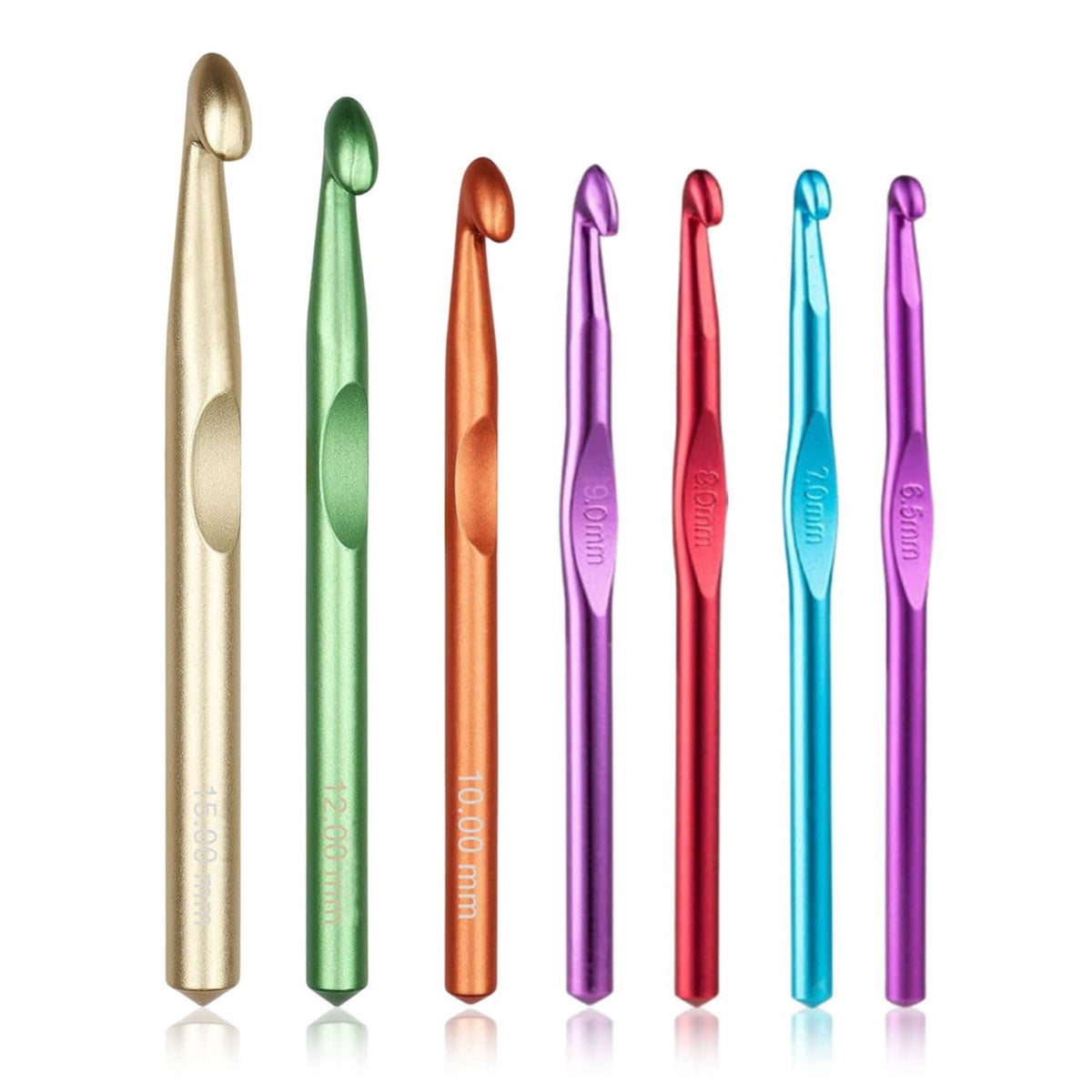 Set of 7 large crochet hooks in metallic, green, orange, purple, red, blue colors